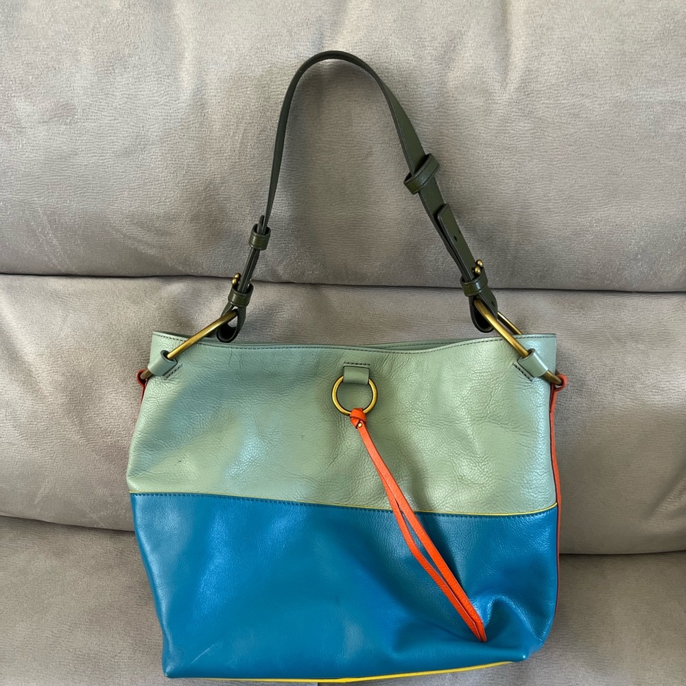 Fossil Women Forest Green Blue Bucket  ADA Cow Hide Leather Adj Strap Lrge Bag